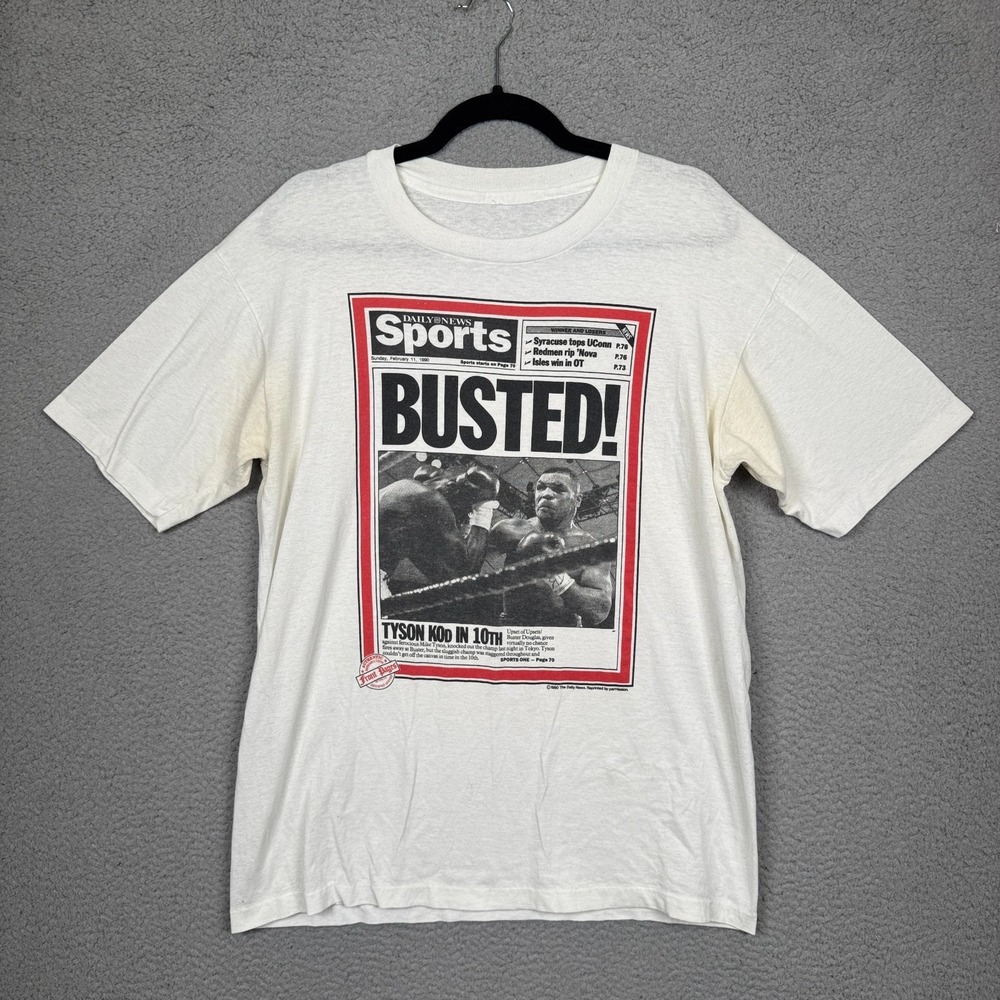 VTG Mike Tyson Tshirt Mens L White Buster Douglas KO 90s Boxing Rare Vintage‎
